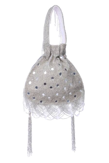 Tasna_Silver Cut Work, Mirrors, Tassels Cutdana Embellished Potli Bag _at_Aza_Fashions