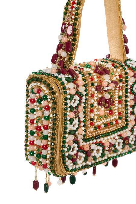 Tasna_Multi Color Crystals, Pearls, Tassels Floral Embellished Handbag _Online_at_Aza_Fashions