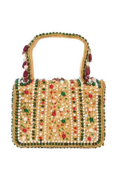 Shop_Tasna_Multi Color Crystals, Pearls, Tassels Floral Embellished Handbag _Online_at_Aza_Fashions