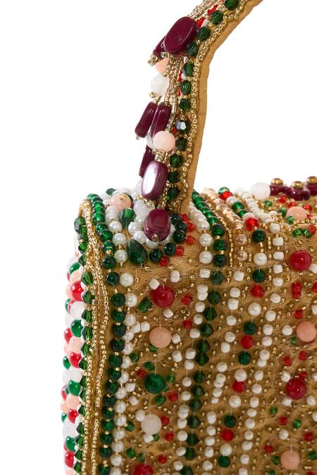 Tasna_Multi Color Crystals, Pearls, Tassels Floral Embellished Handbag _at_Aza_Fashions