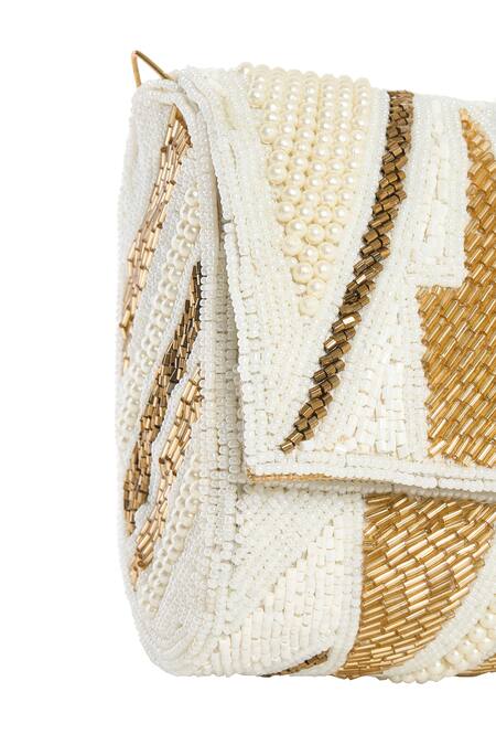 Tasna_Gold Cut Work, Pearls And White Cutdana Clutch Bag _Online_at_Aza_Fashions