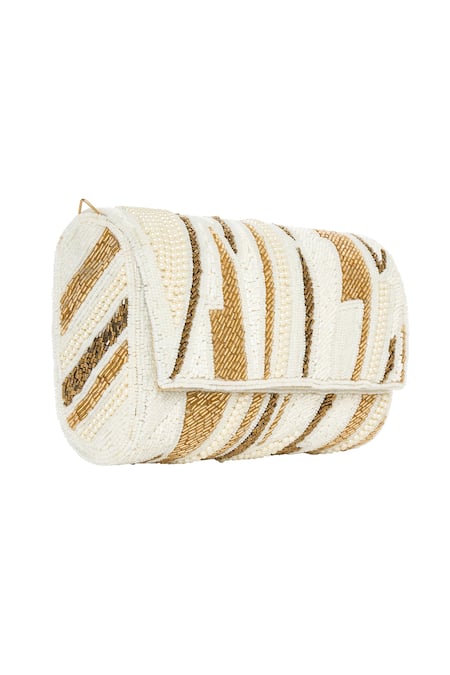 Buy_Tasna_Gold Cut Work, Pearls And White Cutdana Clutch Bag _Online_at_Aza_Fashions