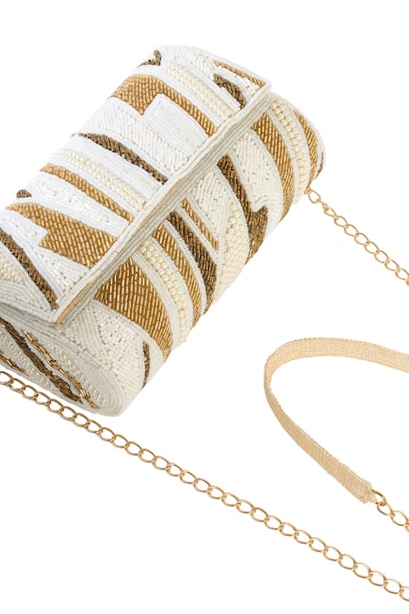Shop_Tasna_Gold Cut Work, Pearls And White Cutdana Clutch Bag _Online_at_Aza_Fashions