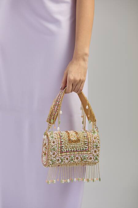 Shop Tasna Multi Color Crystals, Cut Work, Pearls Embellished Handbag Online at Aza Fashions Shop_Tasna_Multi Color Crystals, Cut Work, Pearls Embellished Handbag _Online_at_Aza_Fashions