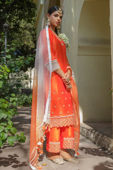 Tamaraa By Tahani Hand Embroidered Orange Kurta Set 