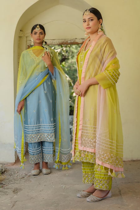 Buy_Tamaraa By Tahani_Blue Taffeta, Silk Pearls, Sequins, Hand Embroidered Kurta Set With Dupatta _Online_at_Aza_Fashions