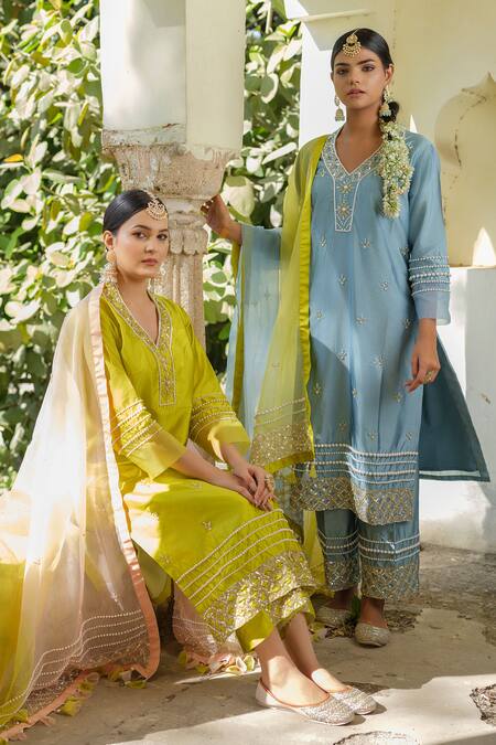 Shop_Tamaraa By Tahani_Blue Taffeta, Silk Pearls, Sequins, Hand Embroidered Kurta Set With Dupatta _Online_at_Aza_Fashions