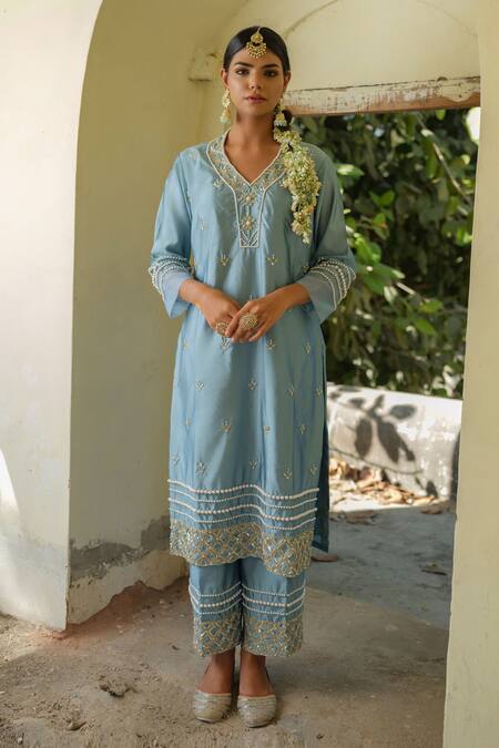 Shop_Tamaraa By Tahani_Blue Taffeta, Silk Pearls, Sequins, Hand Embroidered Kurta Set With Dupatta 