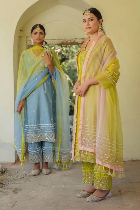 Tamaraa By Tahani_Green Taffeta, Silk, Chiffon Pearls, Sequins, Hand Embroidered Kurta Set _at_Aza_Fashions