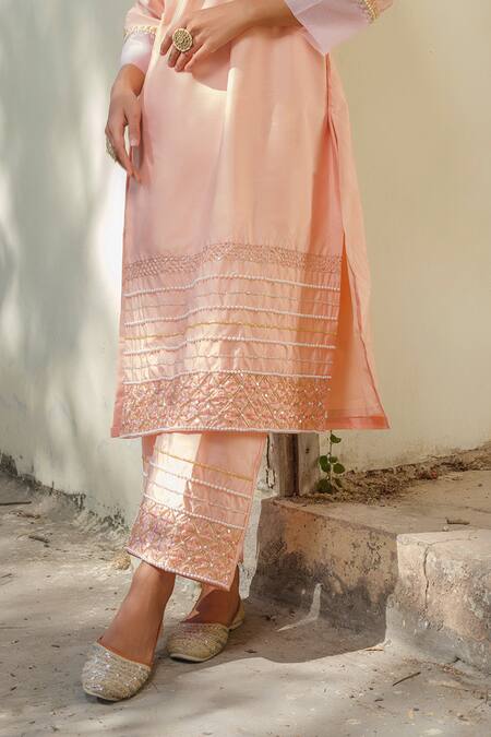 Tamaraa By Tahani_Peach Taffeta Sequins, Pearls, Beads Hand Embroidered Kurta Set _at_Aza_Fashions