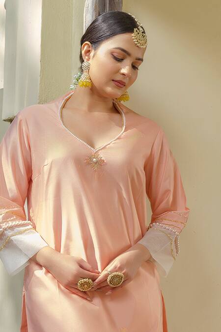 Buy Tamaraa By Tahani Peach Taffeta Pearls, Sequins, Glitter, Beads, Embroidery Hand Kurta Set Online at Aza Fashions Buy_Tamaraa By Tahani_Peach Taffeta Pearls, Sequins, Glitter, Beads, Embroidery Hand Kurta Set _Online_at_Aza_Fashions