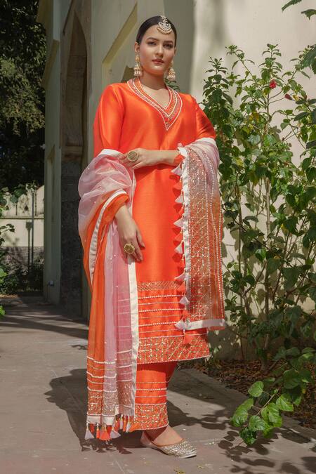 Buy Tamaraa By Tahani Orange Silk Pearls, Sequins, Beads, Embroidery Hand Kurta Set Online at Aza Fashions Buy_Tamaraa By Tahani_Orange Silk Pearls, Sequins, Beads, Embroidery Hand Kurta Set _Online_at_Aza_Fashions