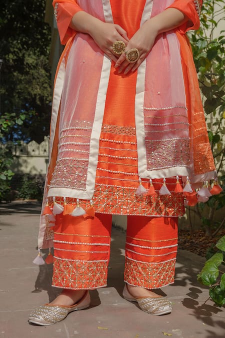Shop_Tamaraa By Tahani_Orange Silk Pearls, Sequins, Beads, Embroidery Hand Kurta Set _Online_at_Aza_Fashions