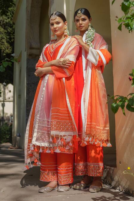 Buy_Tamaraa By Tahani_Orange Silk Pearls, Sequins, Beads, Embroidery Hand Kurta Set 