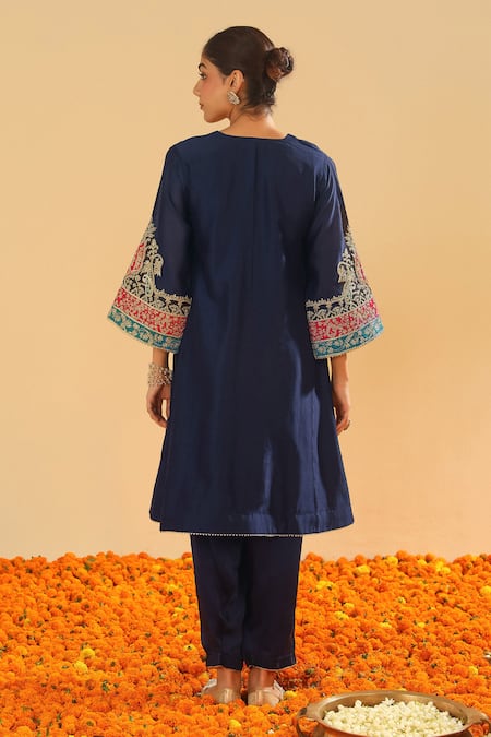 Shop_Sheetal Batra_Blue Bamboo, Silk, Chanderi Embroidery Split Kashmiri Tilli Choga Kurta Set _at_Aza_Fashions