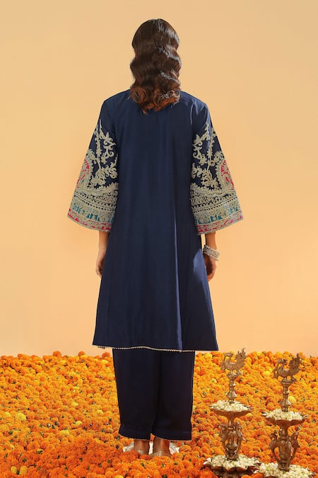Shop_Sheetal Batra_Blue Bamboo, Silk, Chanderi Gota Patti, Kashmiri Tilli Choga Kurta Set _at_Aza_Fashions