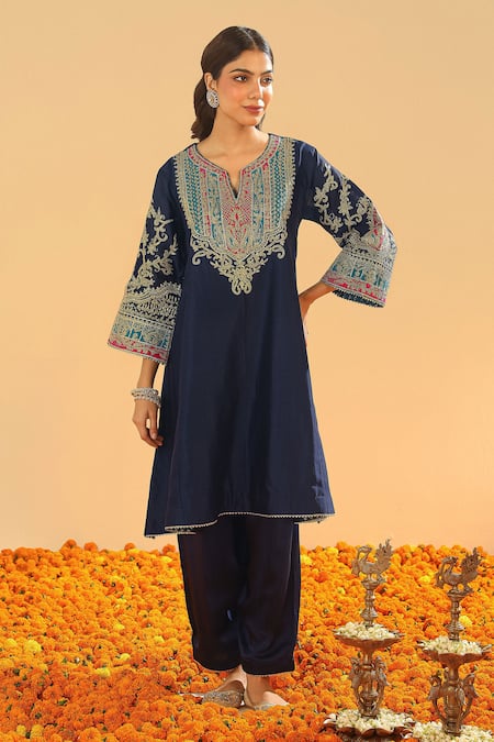 Sheetal Batra_Blue Bamboo, Silk, Chanderi Gota Patti, Kashmiri Tilli Choga Kurta Set _Online_at_Aza_Fashions