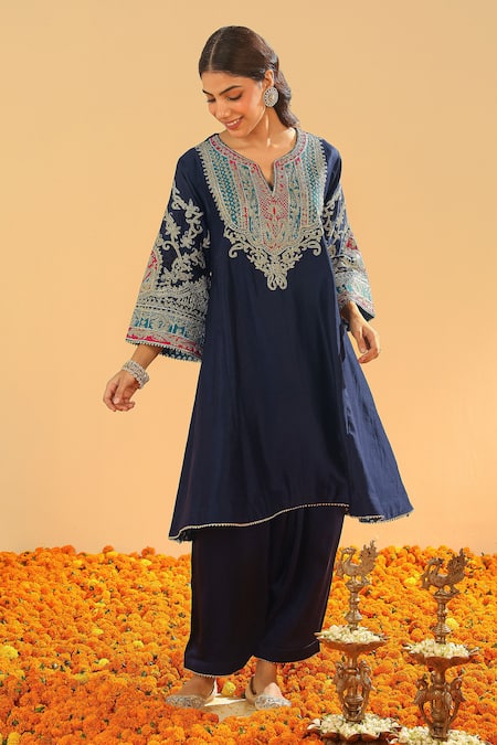Buy_Sheetal Batra_Blue Bamboo, Silk, Chanderi Gota Patti, Kashmiri Tilli Choga Kurta Set _Online_at_Aza_Fashions