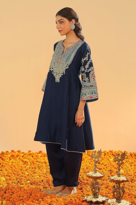 Shop_Sheetal Batra_Blue Bamboo, Silk, Chanderi Gota Patti, Kashmiri Tilli Choga Kurta Set _Online_at_Aza_Fashions