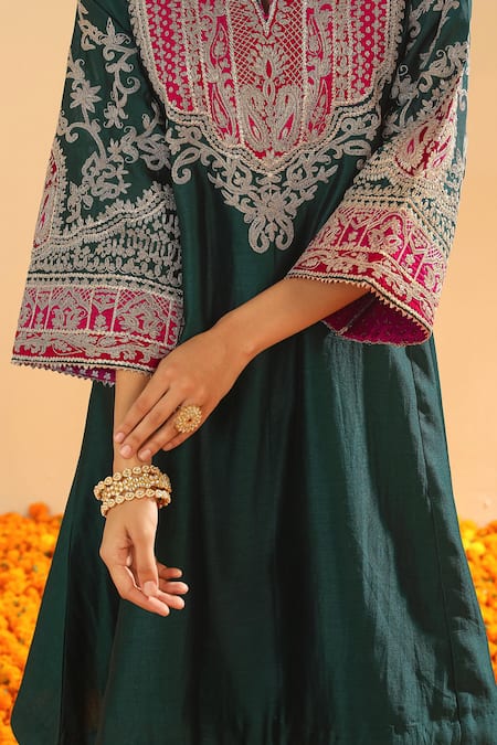 Shop_Sheetal Batra_Black Bamboo, Silk, Chanderi Embroidery, Gota Patti Kashmiri Choga Kurta Set _Online_at_Aza_Fashions