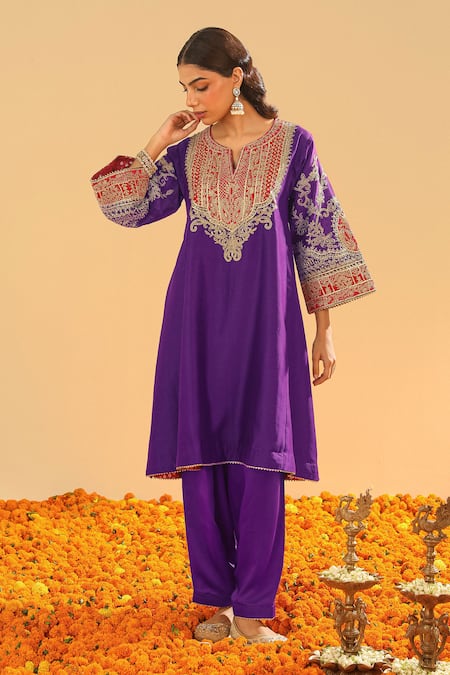 Shop_Sheetal Batra_Purple Satin, Silk, Chanderi, Bamboo Gota Designer Choga Kurta And Salwar Set _at_Aza_Fashions