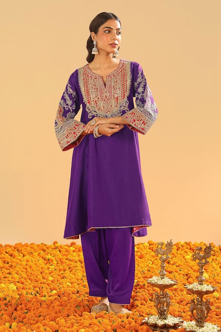 Buy_Sheetal Batra_Purple Satin, Silk, Chanderi, Bamboo Gota Designer Choga Kurta And Salwar Set _Online_at_Aza_Fashions