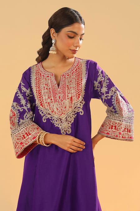 Shop_Sheetal Batra_Purple Satin, Silk, Chanderi, Bamboo Gota Designer Choga Kurta And Salwar Set _Online_at_Aza_Fashions