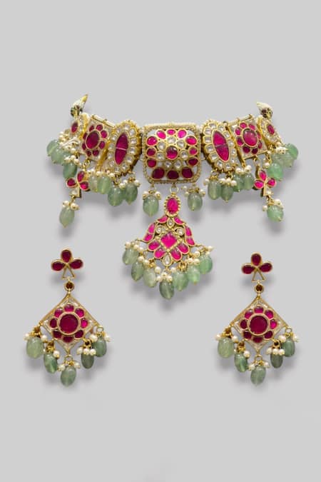 Prestones Floral Kundan Bead Drop Necklace Set 