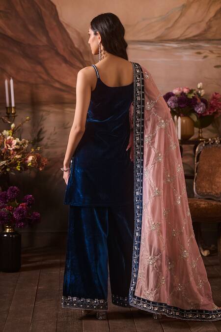 Shop Lashkaraa Blue Velvet, Net Sequins, Zari Scoop Neck Bahar Embroidered Kurta Sharara Set at Aza Fashions Shop_Lashkaraa_Blue Velvet, Net Sequins, Zari Scoop Neck Bahar Embroidered Kurta Sharara Set_at_Aza_Fashions