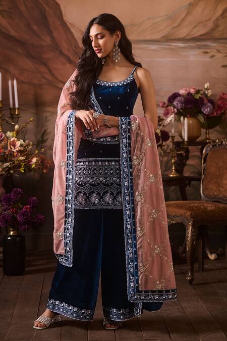 Lashkaraa Blue Velvet, Net Sequins, Zari Scoop Neck Bahar Embroidered Kurta Sharara Set Online at Aza Fashions Lashkaraa_Blue Velvet, Net Sequins, Zari Scoop Neck Bahar Embroidered Kurta Sharara Set_Online_at_Aza_Fashions