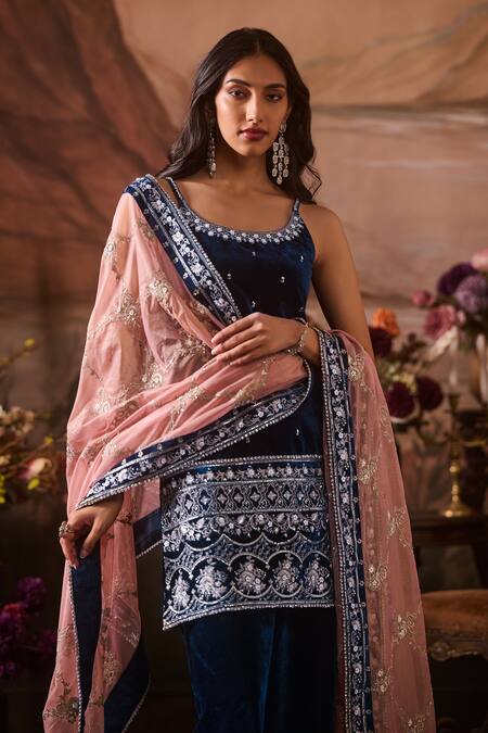 Buy Lashkaraa Blue Velvet, Net Sequins, Zari Scoop Neck Bahar Embroidered Kurta Sharara Set Online at Aza Fashions Buy_Lashkaraa_Blue Velvet, Net Sequins, Zari Scoop Neck Bahar Embroidered Kurta Sharara Set_Online_at_Aza_Fashions