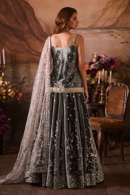 Shop Lashkaraa Gray Velvet, Net Sequins, Zari, Embroidery Scoop Neck Bahara Kurta Set at Aza Fashions Shop_Lashkaraa_Gray Velvet, Net Sequins, Zari, Embroidery Scoop Neck Bahara Kurta Set_at_Aza_Fashions