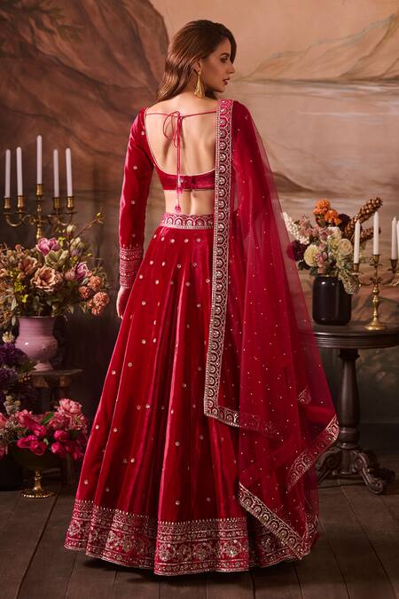 Shop_Lashkaraa_Pink Net, Velvet Sequins, Zari, Embroidery Round Neck Bridal Lehenga Set_at_Aza_Fashions