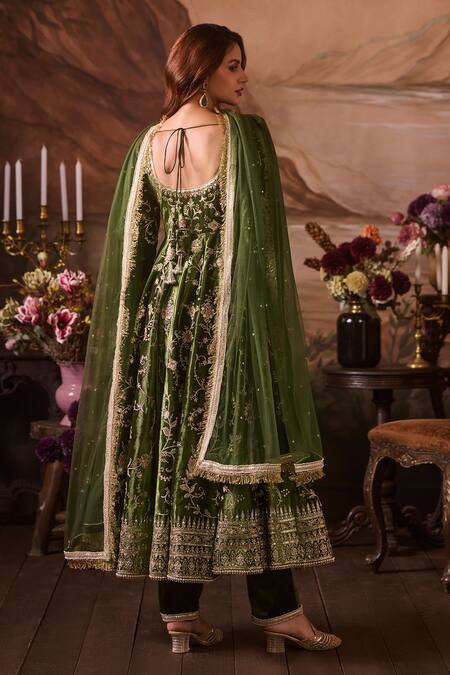 Shop Lashkaraa Green Net, Velvet, Silk, Cotton Sequins, Zari Gulbahar Embroidered Anarkali Set at Aza Fashions Shop_Lashkaraa_Green Net, Velvet, Silk, Cotton Sequins, Zari Gulbahar Embroidered Anarkali Set_at_Aza_Fashions
