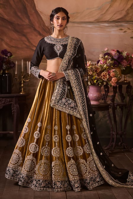 Lashkaraa Yellow Velvet, Net, Silk Sequins, Zari, Embroidery Mandala Bloom Lehenga Set Online at Aza Fashions Lashkaraa_Yellow Velvet, Net, Silk Sequins, Zari, Embroidery Mandala Bloom Lehenga Set_Online_at_Aza_Fashions