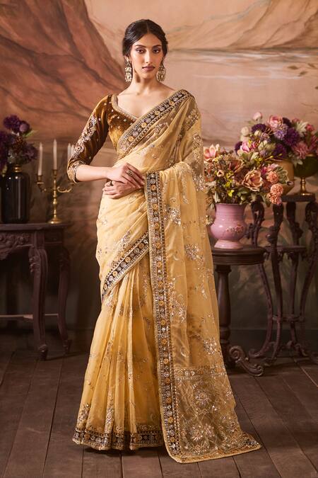 Lashkaraa_Brown Organza, Velvet Sequins, Embroidery, Zari Bloom Gardenia Pre-draped Saree_Online_at_Aza_Fashions