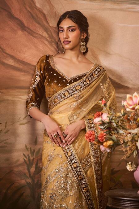 Buy_Lashkaraa_Brown Organza, Velvet Sequins, Embroidery, Zari Bloom Gardenia Pre-draped Saree_Online_at_Aza_Fashions