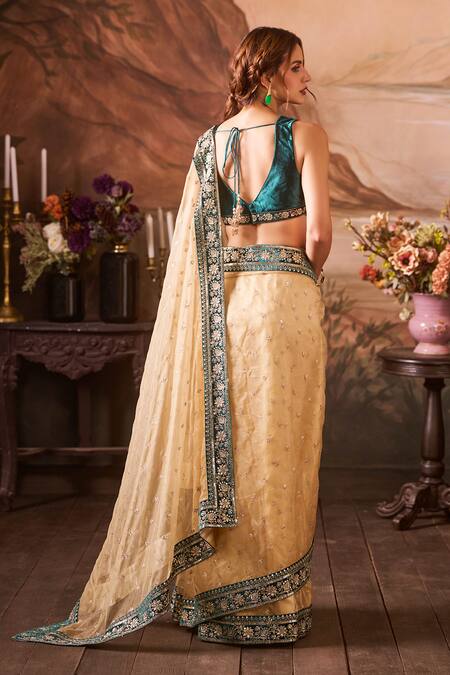 Shop_Lashkaraa_Blue Velvet, Organza Bullian Bloom Embroidered Pre-draped Saree And Blouse_at_Aza_Fashions