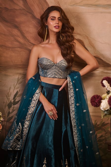 Lashkaraa_Blue Net, Velvet Sequins, Zari Sweetheart Spade Bloom Embroidered Lehenga Set _at_Aza_Fashions