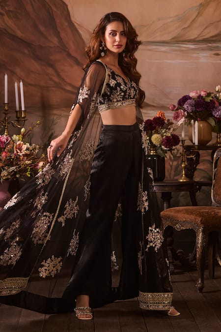 Buy_Lashkaraa_Black Net, Velvet Sequins, Zari, Embroidery V-neck Gul Bageecha Jacket Set _Online_at_Aza_Fashions