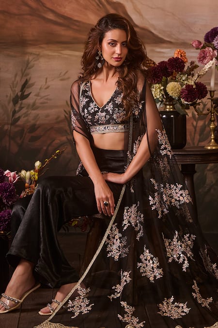 Lashkaraa_Black Net, Velvet Sequins, Zari, Embroidery V-neck Gul Bageecha Jacket Set _at_Aza_Fashions