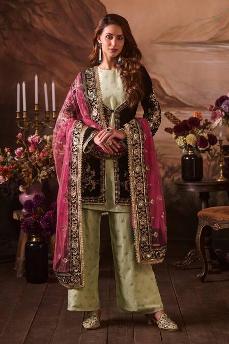 Buy Lashkaraa Black Velvet, Brocade, Chiffon Zari, Sequins, Embroidery Round Neck And Kurta Set Online at Aza Fashions Buy_Lashkaraa_Black Velvet, Brocade, Chiffon Zari, Sequins, Embroidery Round Neck And Kurta Set_Online_at_Aza_Fashions