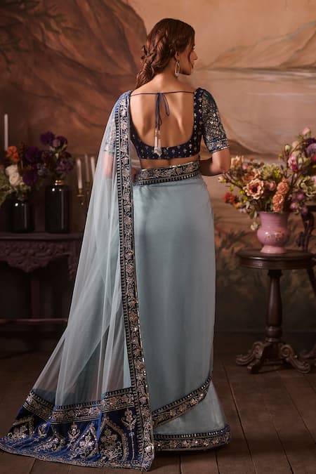 Shop Lashkaraa Blue Net, Velvet Sequins, Zari, Embroidery Gul Border Pre-draped Saree at Aza Fashions Shop_Lashkaraa_Blue Net, Velvet Sequins, Zari, Embroidery Gul Border Pre-draped Saree_at_Aza_Fashions