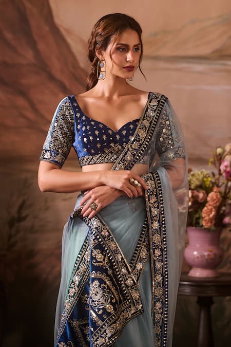 Lashkaraa Blue Net, Velvet Sequins, Zari, Embroidery Gul Border Pre-draped Saree Online at Aza Fashions Lashkaraa_Blue Net, Velvet Sequins, Zari, Embroidery Gul Border Pre-draped Saree_Online_at_Aza_Fashions