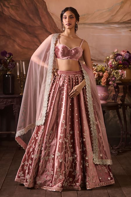 LASHKARAA Bloom Garden Embroidered Velvet Lehenga Set 