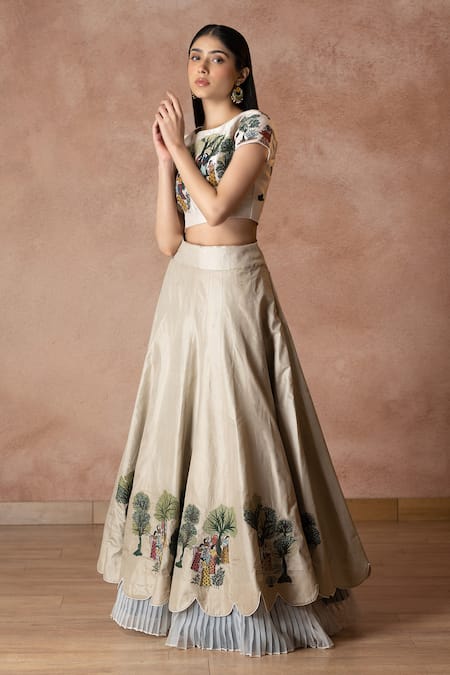 Neelu And Manvi_Off White Silk Embroidery Round Neck Village Theme Lehenga Set _Online_at_Aza_Fashions