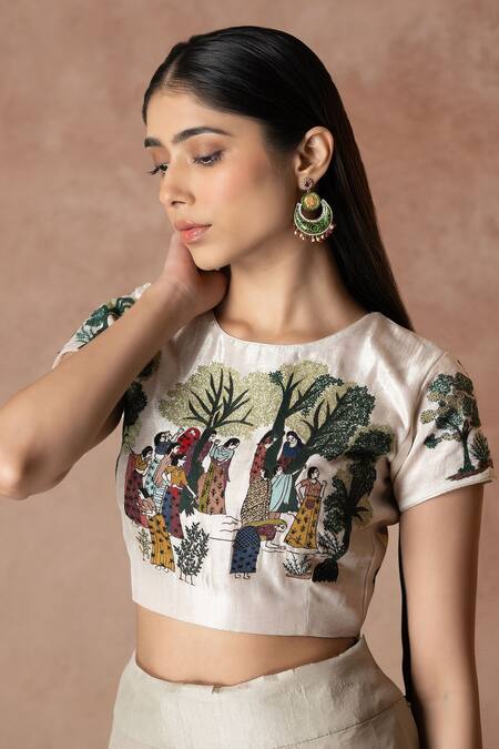 Buy_Neelu And Manvi_Off White Silk Embroidery Round Neck Village Theme Lehenga Set _Online_at_Aza_Fashions