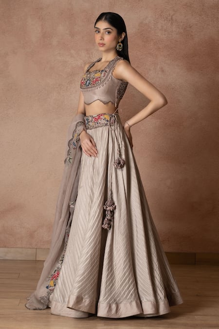 Neelu And Manvi Gray Silk, Organza Lace, Embroidery Scoop Neck Floral Grey Lehenga Set Online at Aza Fashions Neelu And Manvi_Gray Silk, Organza Lace, Embroidery Scoop Neck Floral Grey Lehenga Set _Online_at_Aza_Fashions
