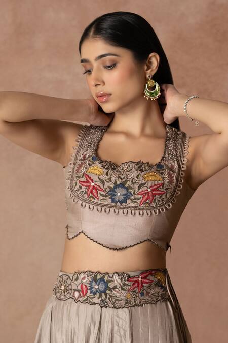 Buy Neelu And Manvi Gray Silk, Organza Lace, Embroidery Scoop Neck Floral Grey Lehenga Set Online at Aza Fashions Buy_Neelu And Manvi_Gray Silk, Organza Lace, Embroidery Scoop Neck Floral Grey Lehenga Set _Online_at_Aza_Fashions