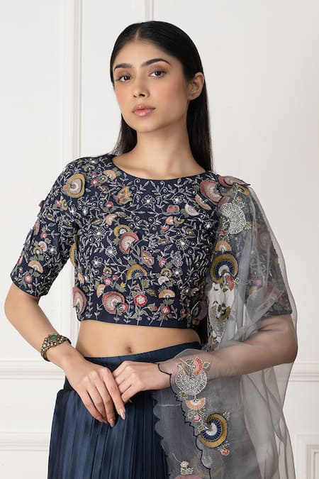 Neelu And Manvi Navy Silk, Organza Embroidery Round Neck Floral Blue Lehenga Set Online at Aza Fashions Neelu And Manvi_Navy Silk, Organza Embroidery Round Neck Floral Blue Lehenga Set _Online_at_Aza_Fashions